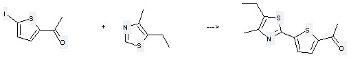 Ethanone,1-(5-iodo-2-thienyl)- can react with 5-Ethyl-4-methyl-thiazole to get 2-Acetyl-5-(5-ethyl-4-methyl-2-thiazolyl)thiophene